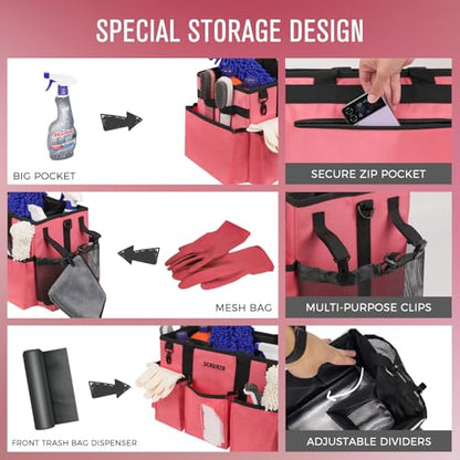 SCAVATA Wearable Cleaning Caddy Bag, Cleaning Caddy Supplies Organizer with Handle & Shoulder Straps for Housekeepers, Under Sink & Car Cleaning Tool Organizers with 4 Foldable Divider (RoseRed) - color: RoseRed