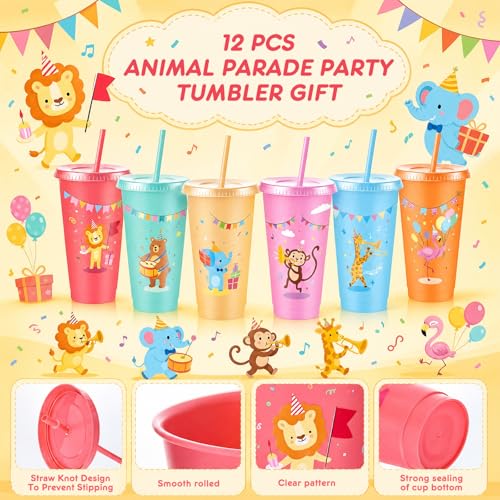 Chuangdi 12 Pcs Animal Parade Themed Party Supplies, 24 oz Cups with Lid and Straw, Reusable Jungle Safari Animals Tumbler for Animal Parade Themed Birthday Decorations, Zoo Baby Shower Favors - style: Animal Parade Party