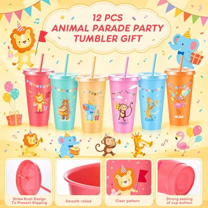 Chuangdi 12 Pcs Animal Parade Themed Party Supplies, 24 oz Cups with Lid and Straw, Reusable Jungle Safari Animals Tumbler for Animal Parade Themed Birthday Decorations, Zoo Baby Shower Favors - style: Animal Parade Party