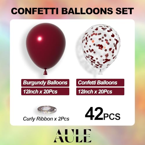 AULE Party Balloons Pack of 42 - Metallic Burgundy Balloons and Confetti Latex Helium Balloons With 64ft Ribbons - 12 Inch Mroon Chrome Balloon Decoration Set - color: Burgundy