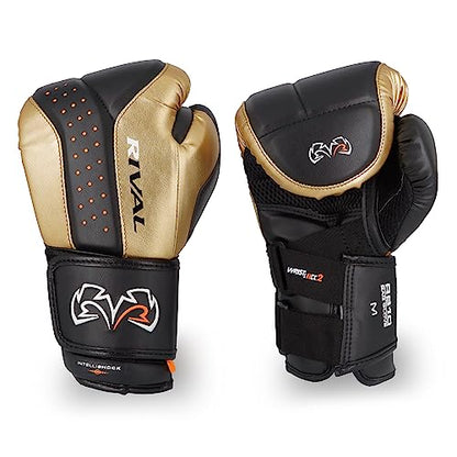 RIVAL Boxing RB10 Intelli-Shock Bag Gloves, Hook and Loop Closure - Ergonomic Fit, 1.25” of Closed Cell Foam for Intense Bag Use - color: Black/Gold, size: X-Large