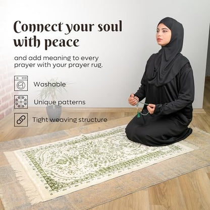 Velvet Muslim Prayer Rug Set with 99 Beads - Green - color: Green