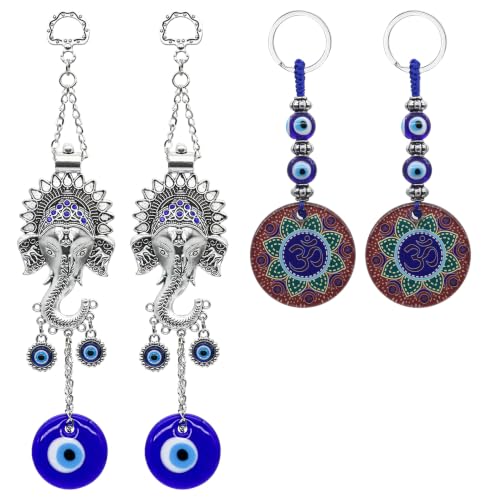 Evil Eye Car Hanging Ornaments 4 Pack - Lord Ganesha Evil Eye Wall Decor & Hindu OM Evil Eye Key Chains, Evil Eye Charm for Window Door,Turkish Nazar Amulet Boncugu for Diwali Birthday Housewarming