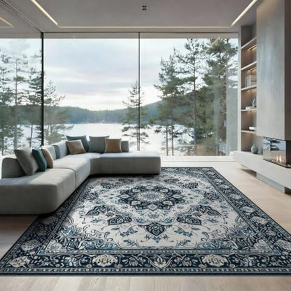 8'x10' Black Charcoal Boho Medallion Design Washable Area Rug - color: Blue/Pattern 10, size: 8' x 10' (Rectangular)