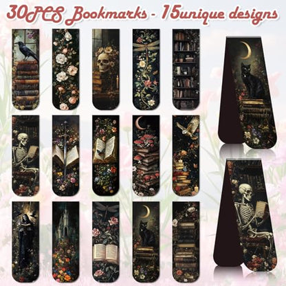 Wxiben Dark Academia Magnetic Bookmark - 30 Pcs Gothic Flower Book Mark Magnets Retro Aesthetic Bookmarks Magnetic Skull Plants Dragonfly Book Markers Page Clip for Women Students Teacher Reading Gift - style: Dark Academia