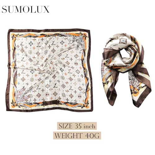 Sumolux Head Hair Scarf for Women 35" Like Satin Silk Scarf Hair Wrapping Night Bandana Large Square Scarves - color: B Brown Feather