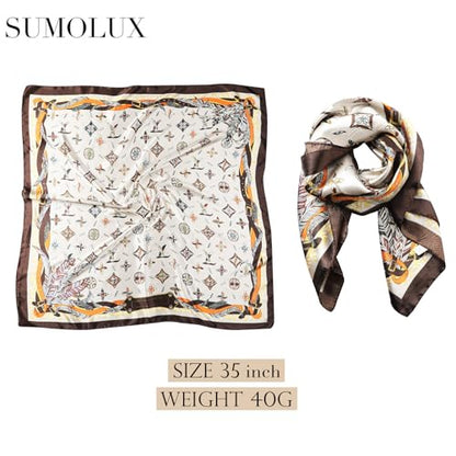 Sumolux Head Hair Scarf for Women 35" Like Satin Silk Scarf Hair Wrapping Night Bandana Large Square Scarves - color: B Brown Feather