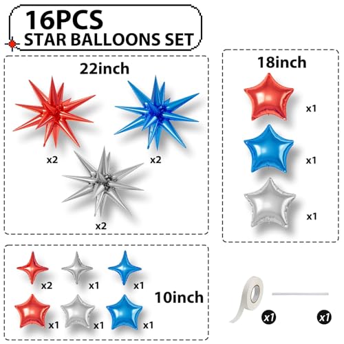 Red Blue Silver Star Balloons,16Pcs 22/18/10 Inch Foil Grad Party Decor - color: Red Blue Silver