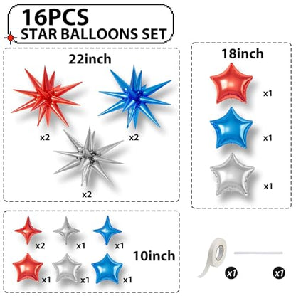 Red Blue Silver Star Balloons,16Pcs 22/18/10 Inch Foil Grad Party Decor - color: Red Blue Silver