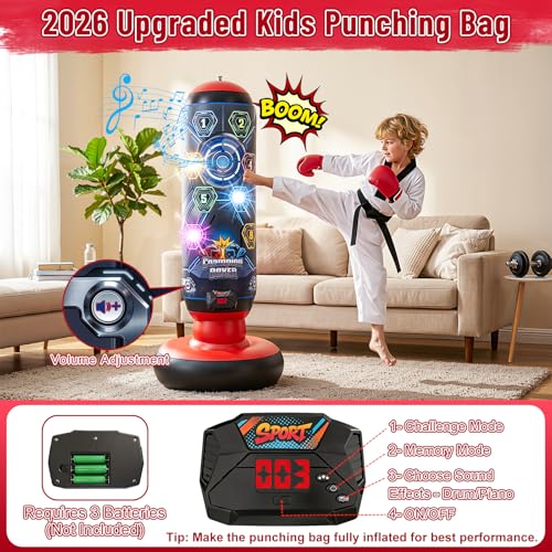 Kids Punching Bag with Gloves, Inflatable Boxing Set with Scoring, Lights & Music, 4 Game Modes, Freestanding Electronic Boxing Bag, Interactive Training Set Birthday Gift for Boys Girls Ages 4-12