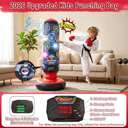 Kids Punching Bag with Gloves, Inflatable Boxing Set with Scoring, Lights & Music, 4 Game Modes, Freestanding Electronic Boxing Bag, Interactive Training Set Birthday Gift for Boys Girls Ages 4-12
