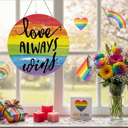 Smile Pride Month Love Always Wins Round Wooden Door Sign Rainbow Indoor & Outdoor Decorative Plaque LGBTQ+ Home, Porch & Patio Decor Gay Pride - style: Rainbow LGBT