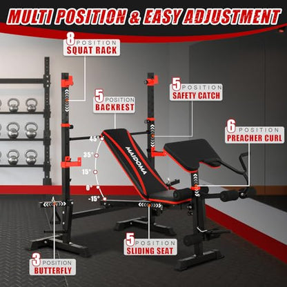 MAIDOMA Foldable 1500LBS Capacity 8 IN 1 Weight Bench Set with Leg Extension/Squat Rack/Preacher Curl, Adjustable Bench Press for Home Gym Full Body Workout (US Stock) - color: 블랙 레드.