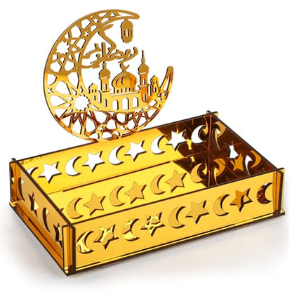 Acrylic Ramadan Decorations for Home Islamic Eid Mubarak Kareem Ramadan Serving Trays Table Sign Moon Hollow Star Sign for Muslim Party Tabletop Decor Art Craft Decoration Centerpiece Tray