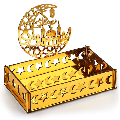 Acrylic Ramadan Decorations for Home Islamic Eid Mubarak Kareem Ramadan Serving Trays Table Sign Moon Hollow Star Sign for Muslim Party Tabletop Decor Art Craft Decoration Centerpiece Tray