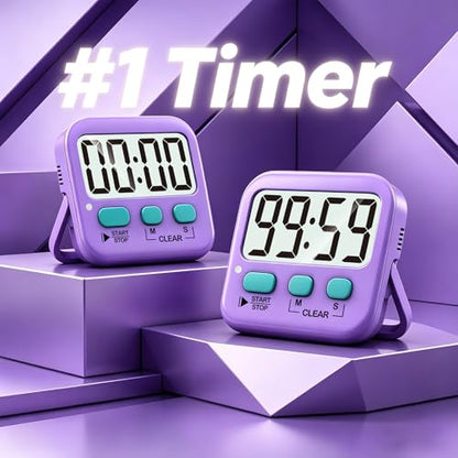 2 Pack Digital Timer for Kids Classroom Kitchen Timers for Cooking | w/ Battery, Easy to View, Alarm, Mute Mode, Count Down/Up, Magnetic, Kickstand, Hanging, Classroom Timer for Teacher Supplies - color: Fresh Purple