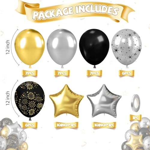 Black and Gold Balloons, Black Silver Gold Balloons, Silver Star Fireworks Printed Balloon With Star Foil Balloon For New Year Retirement Graduation Birthday Baby Shower Party Wedding Celebration - color: Black Silver Gold