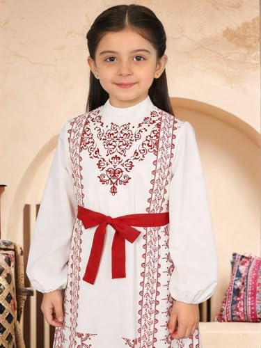 ABAO SISTER Girls Muslim Abaya Ramadan Prayer Dress Embroidery Long Sleeves Middle East Arabic Kaftan - size: 6