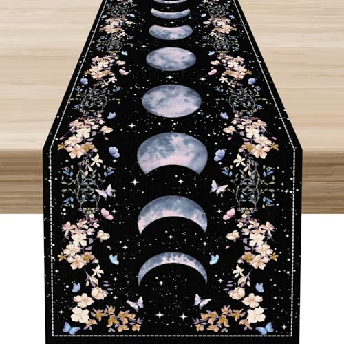 Moon Phase Table Runner,Spring Flower Leaves Seasonal Mystical Gothic Sun Moon Coffee Table Center Decor Family Kitchen Outdoor Farmhouse Holiday Party Table Decorations 13x36 inch - color: Fmoon-2, size: 13x36" Table Runner