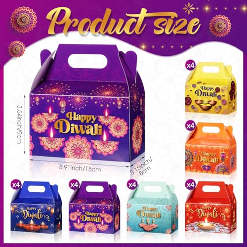 Kolldenn 24 Pcs Happy Diwali Party Favor Gift Boxes, Diwali Treat Boxes Indian Festival of Lights Gifts Gable Boxes Goodie Candy Snack Sugar Chocolate Gift Boxes for Party Decorations