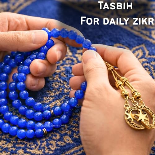 Amazing Gemstone Crystal Tasbeeh with Moon and Star Charm - Certified Crystal Muslim Prayer Beads Natural Gemstone Tasbih Gift for Ramadan Dhikr and Daily Namaz (G) - color: Blue Jade