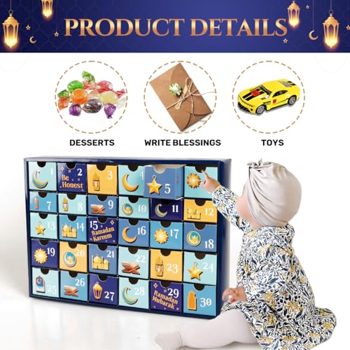 MOVINPE Ramdan Calendar with Drawers 2026 Ramadan Gifts for Kids, 30 Pre-Assembled Empty Boxes Eid Mubarak Coutdown Calendar Fillable Islamic Art Gift Box, Ramadan Party Supplies (Blue) - color: Blue