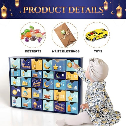 MOVINPE Ramdan Calendar with Drawers 2026 Ramadan Gifts for Kids, 30 Pre-Assembled Empty Boxes Eid Mubarak Coutdown Calendar Fillable Islamic Art Gift Box, Ramadan Party Supplies (Blue) - color: Blue