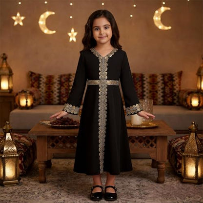 OBEEII Girls Muslim Abaya Ramadan Long Bell Sleeve V Neck Sequins Church Prayer Dress with Belt Islamic Eid Robe Kaftan - color: Black-sequins, size: 4-5 Years