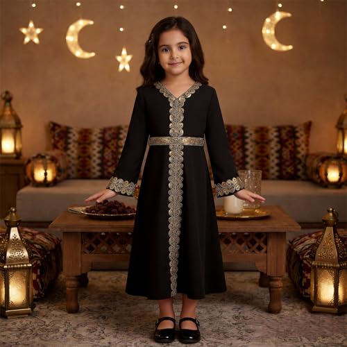 OBEEII Girls Muslim Abaya Ramadan Long Bell Sleeve V Neck Sequins Church Prayer Dress with Belt Islamic Eid Robe Kaftan - color: Black-sequins, size: 8-9 Years