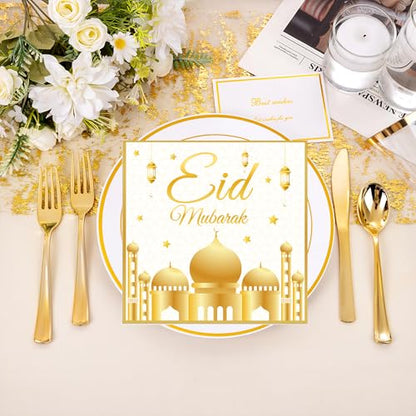 100Pcs Eid Mubarak Paper Napkins White and Gold Moons Stars Guest Lunch Dinner Tableware Disposable Dessert Napkin Set for Muslim Kitchen Holiday Party Supplies Decoration,6.5 x 6.5 inch
