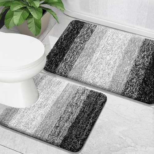 OLANLY Micorfiber Bathroom Rug Set 2 Piece, Soft Absorbent Bath Mats, Black - color: Black, size: 24" X 16" + U24" X 20"
