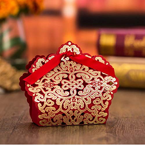 lucky star 50x Laser Cut Wedding Favor Boxes Candy Boxes Birthday Party Favor Boxes Baby Shower Chocolate Gift Boxes (red gold) - color: red gold