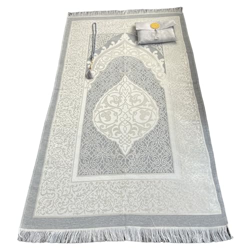 Muslim Prayer Rug and Beads with Elegant Slub Fabric Bag | Janamaz | Sajadah | Soft Islamic Prayer Rug | Islamic & Mawlid Gifts | Prayer Carpet Mat, Taffeta Fabric (Grey, 1 Sets) - color: Grey, size: 1 Sets