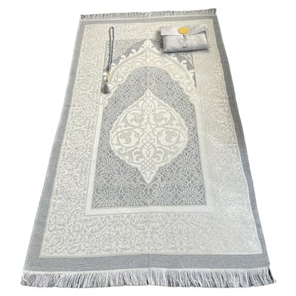 Muslim Prayer Rug and Beads with Elegant Slub Fabric Bag | Janamaz | Sajadah | Soft Islamic Prayer Rug | Islamic & Mawlid Gifts | Prayer Carpet Mat, Taffeta Fabric (Grey, 1 Sets) - color: Grey, size: 1 Sets