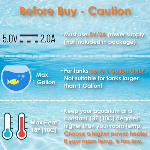 10W Mini Aquarium Heater for up to 1 Gallon Tanks | Super Small 5V/2A USB Fish Tank Heater with Digital Thermostat, Dry-Run & Overheat Protection, Memory Function - size: For Aquariums ≤ 1 Gal