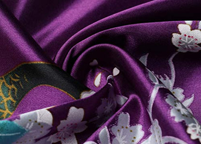 BABEYOND Women's Kimono Robe Long Satin Robes with Peacock and Blossoms Printed Kimono Nightgown - color: Dark Purple, size: One Size Plus