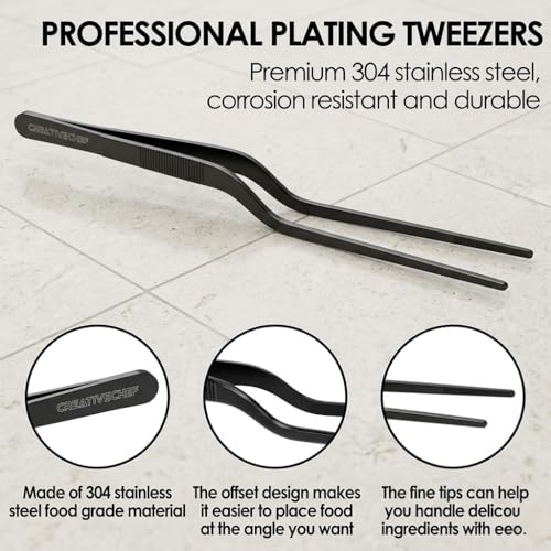 CREATIVECHEF 8 Inch Curved Stainless Steel Precision Kitchen Cooking Multi-function Tweezers Culinary Offset Tweezer Tongs (Curved, Gold） - color: Gold
