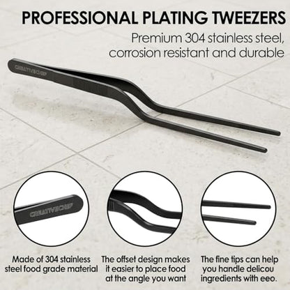 CREATIVECHEF 8 Inch Curved Stainless Steel Precision Kitchen Cooking Multi-function Tweezers Culinary Offset Tweezer Tongs (Curved, Gold） - color: Gold