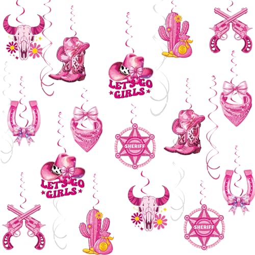 48Pcs Pink Cowgirl Hanging Swirl Decorations, Double Sided Western Cowgirl Cutouts Party Streamers for Girls Birthday Bachelorette Western Themed Party Supplies - color: Pink