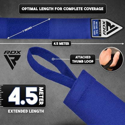 RDX Boxing Hand Wraps 4.5M / 180 Inches – Mexican Style Semi-Elastic MMA Inner Gloves - Wrist Support for Muay Thai, Kickboxing, BJJ, Karate - Thumb Loop & Hook and Loop Closure - Cotton & Nylon Blend - color: Blue