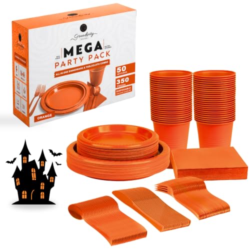 Grandipity Disposable Plastic Dinnerware Sets for Parties (350 pcs) - color: Orange, size: 50 Guests (350 PCS)