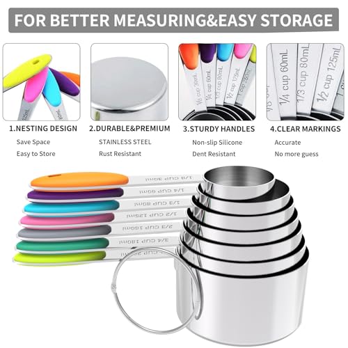 Nesting Measuring Cups and Spoons Set, Stainless Steel with Soft Silicone Handle – Heavy Duty & Dishwasher Safe for Measuring Dry/Liquid Ingredients, Ideal for Cooking & Baking (12)