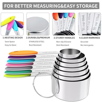 Nesting Measuring Cups and Spoons Set, Stainless Steel with Soft Silicone Handle – Heavy Duty & Dishwasher Safe for Measuring Dry/Liquid Ingredients, Ideal for Cooking & Baking (12)