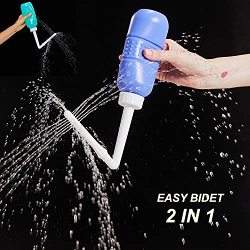 2PCS-Pack 2in1 Vaginal Douche Perineal Irrigation 650ML Portable Bidets + Pocket Bidet Pipe, Travel Bidet with Waterproof Cap, Peri Bottle for Postpartum Essentials - color: Blue