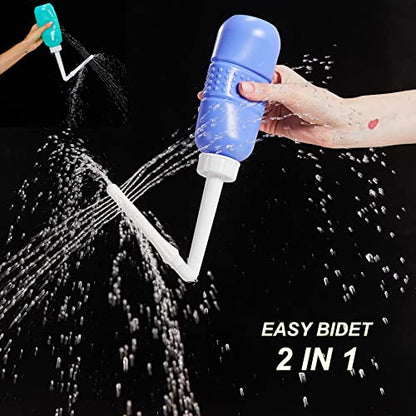 2PCS-Pack 2in1 Vaginal Douche Perineal Irrigation 650ML Portable Bidets + Pocket Bidet Pipe, Travel Bidet with Waterproof Cap, Peri Bottle for Postpartum Essentials - color: Blue