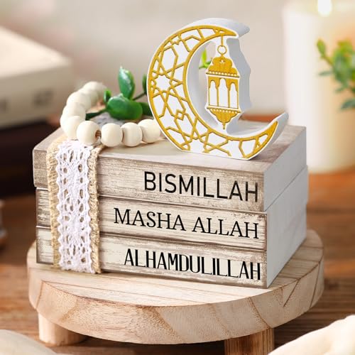 Ramadan Decorations for Home Eid Mubarak Decorations Wood Ramadan Table Sign Golden Moon Eid Tiered Tray Sign for Islamic Muslim Table Indoor Shelf Office Gifts - style: Ramadan