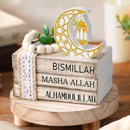 Ramadan Decorations for Home Eid Mubarak Decorations Wood Ramadan Table Sign Golden Moon Eid Tiered Tray Sign for Islamic Muslim Table Indoor Shelf Office Gifts - style: Ramadan