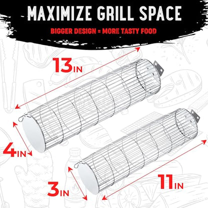 Rolling Grill Basket, Removable Wooden Handle, Extra Sturdy Cylinder Grilling Basket, Food Grade Stainless Steel, Portable Outdoor Camping accessories BBQ Net Rack, Cooking Griller for Fish, Vegetables, and More - Gifts for Men Dad Husband - Set of 2