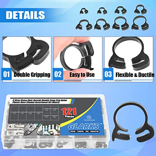 Glarks 121Pcs 8 Size Heavy Duty Black Double Gripping Nylon Hose Clamps Set, 6.1-26.1mm Plastic Snap Ratcheting Clamps Assortment Kit (Black 121Pcs)