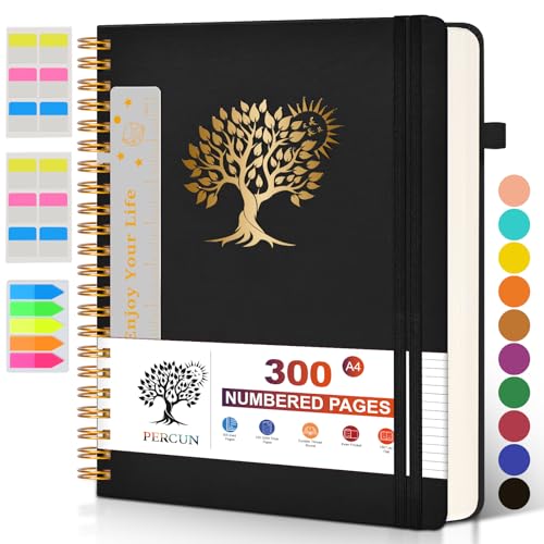 Large Spiral Notebook Journal for Women Men - 300 Numbered Lined Pages, College Ruled, A4 Hardcover Spiral Bound Notebook for School, Work, Note Taking, Writing, Leather Spiral Journal 8.5"x11" - color: Black, size: A4 size (8.5in x 11.5in)
